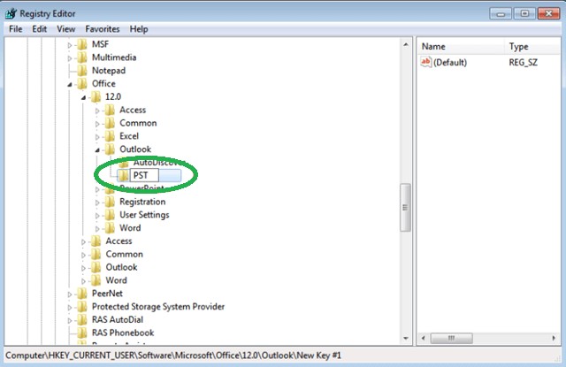 PST anahtarı yoksa, Outlook anahtarına sağ tıklayın ve Yeni -> Anahtarı'nı seçin ve anahtarın adını verin.