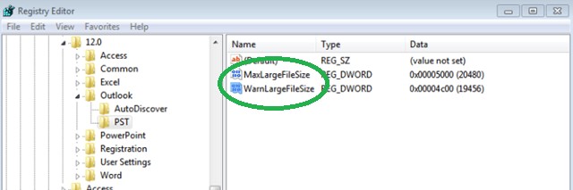 PST tuşuna tıklayın ve MaxLargeFileSize ve WarnLargeFileSize'ı arayın.